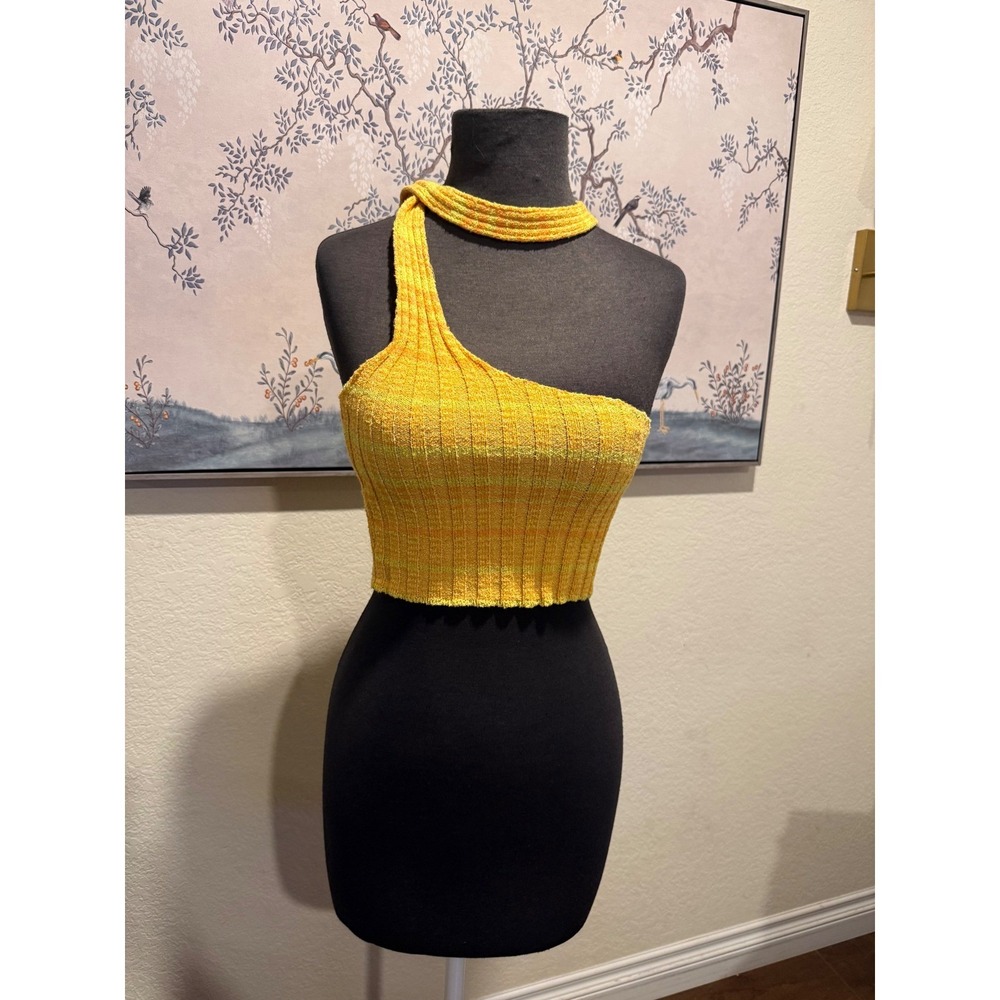Mango MNG Womens Yellow Orange Knit One Shoulder Choker Crop Top Size S New